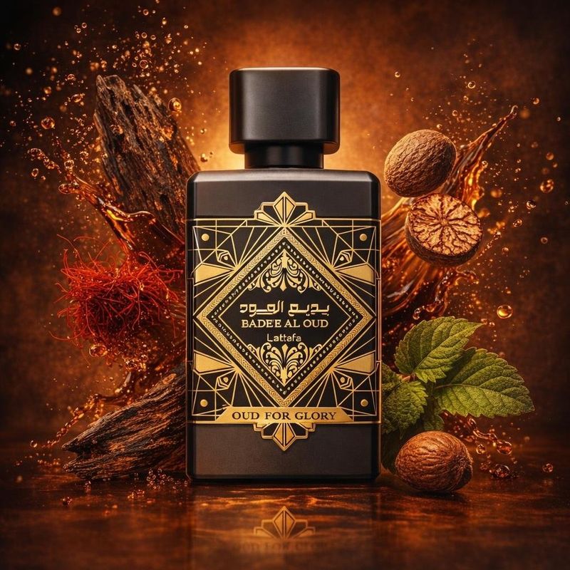 Badee Al Oud Oud For Glory de Lattafa avec les ingrédients de ses notes : safran, noix de muscade, patchouli, bois d’agar