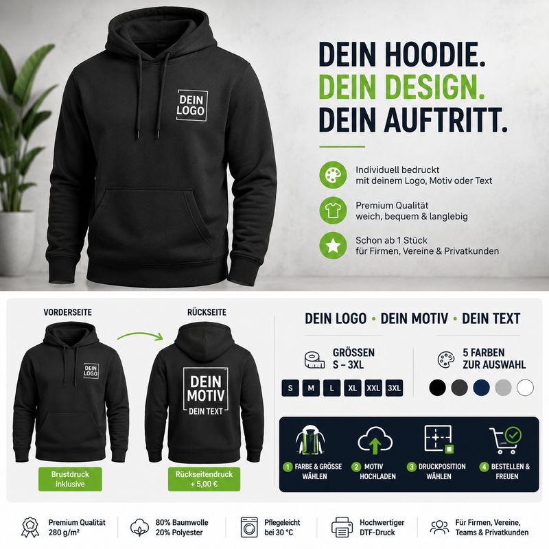Hoodie individuell bedrucken – mit eigenem Logo, Motiv oder Text