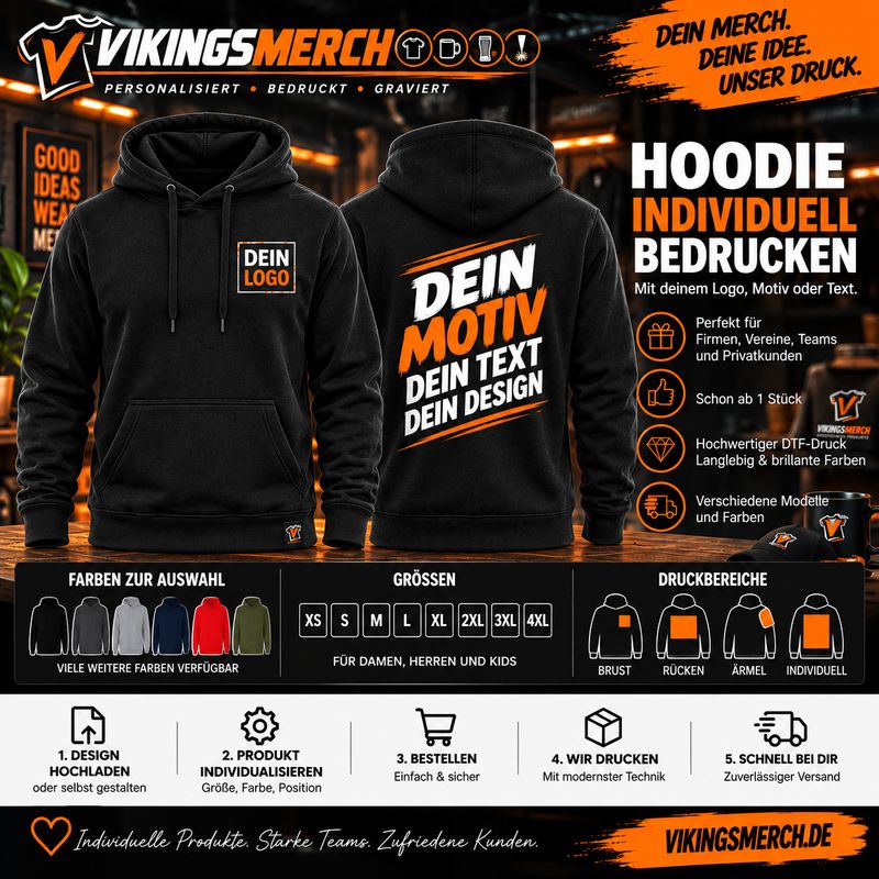 Hoodie individuell bedrucken – mit eigenem Logo, Motiv oder Text