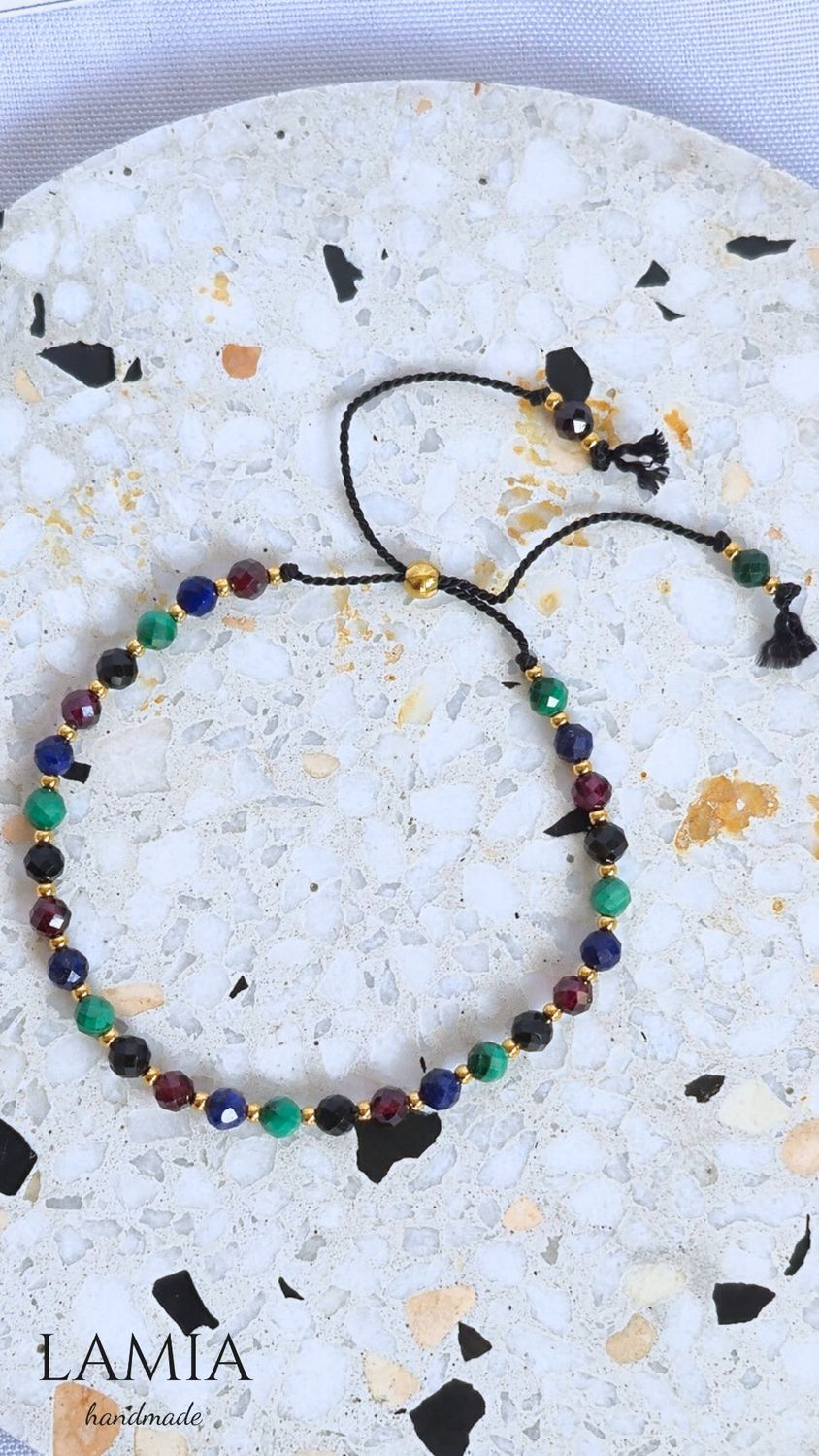 Bransoletka na nici jedwabnej - Granat, Malachit, Turmalin, Lapis Lazuli