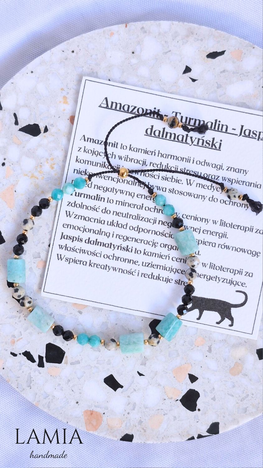 Bransoletka na nici jedwabnej - Jaspis dalmatyński, Turmalin, Amazonit