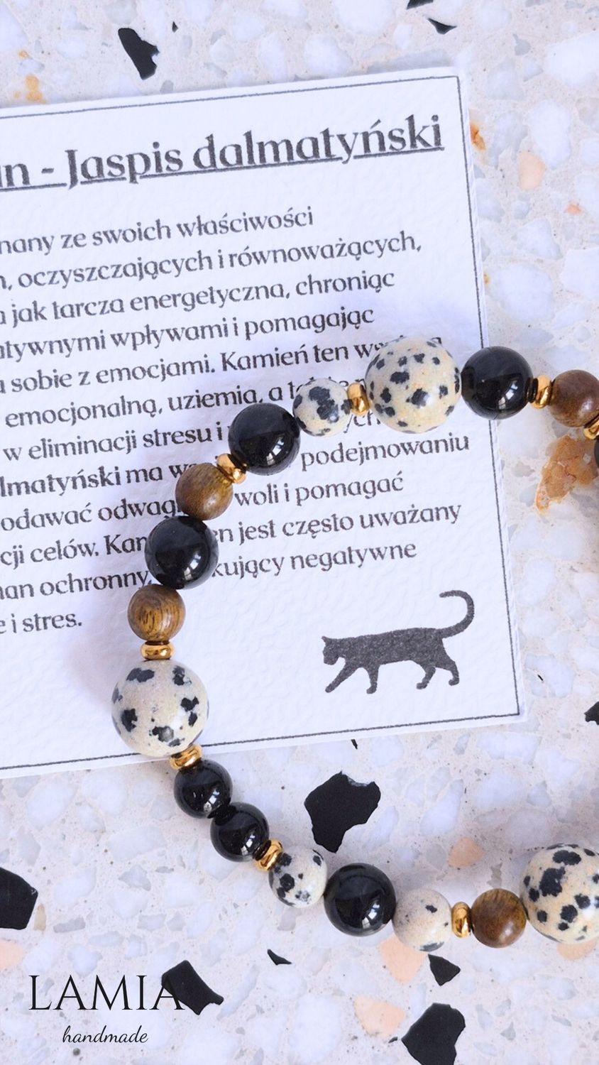 Bransoletka na gumce - jaspis dalmatyński, turmalin