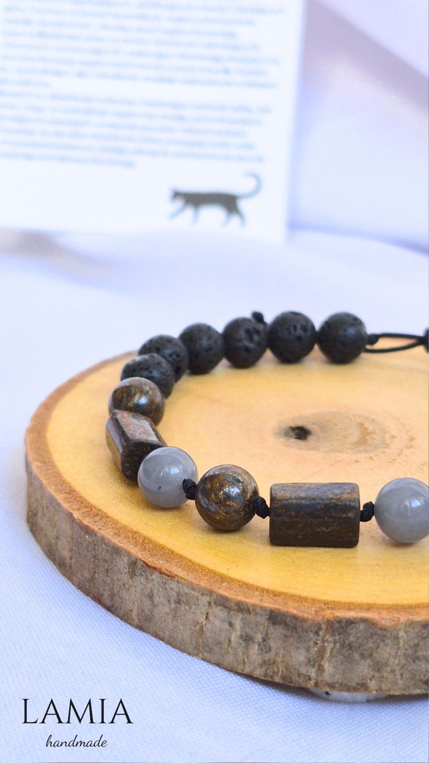 Bransoletka na nylonowym sznurku - Lawa wulkaniczna - Bronzyt - Chalcedon