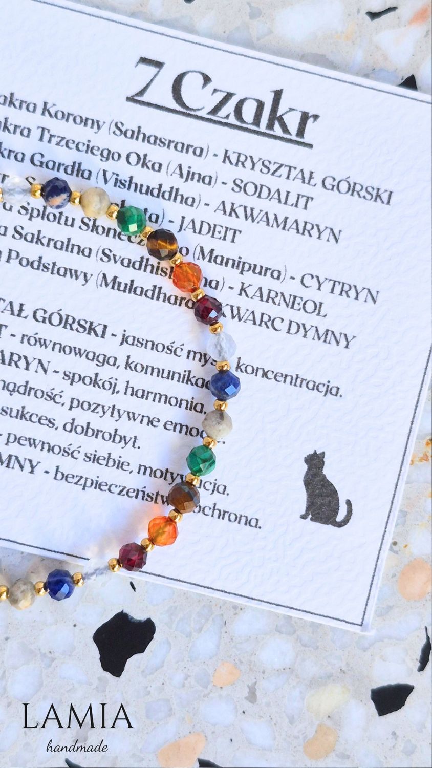 Bransoletka na czarnej nici jedwabnej 7 czakr - pełna