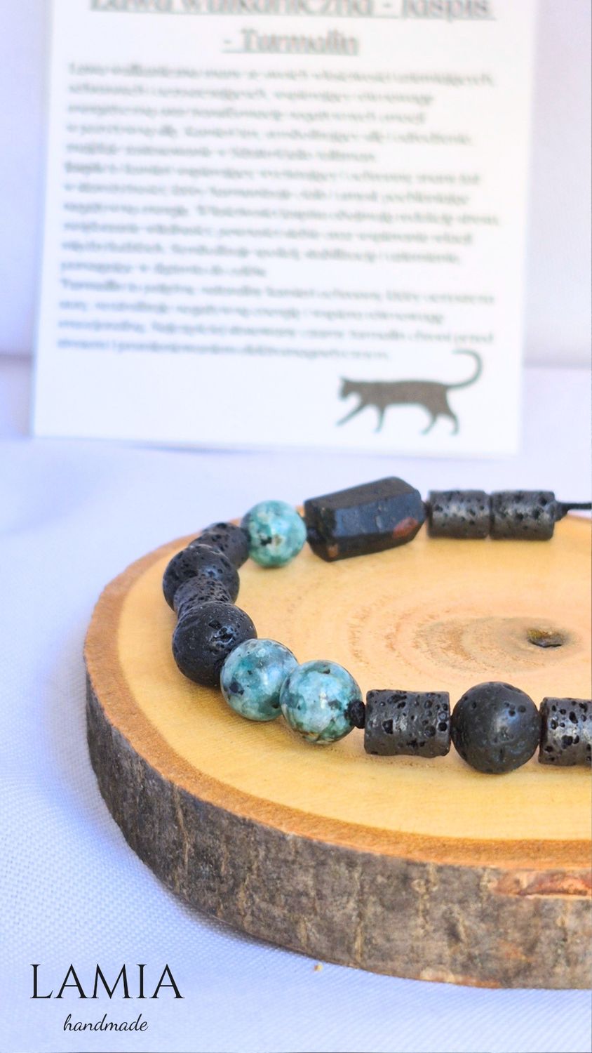 Bransoletka na nylonowym sznurku - lawa wulkaniczna - jaspis, czarny turmalin