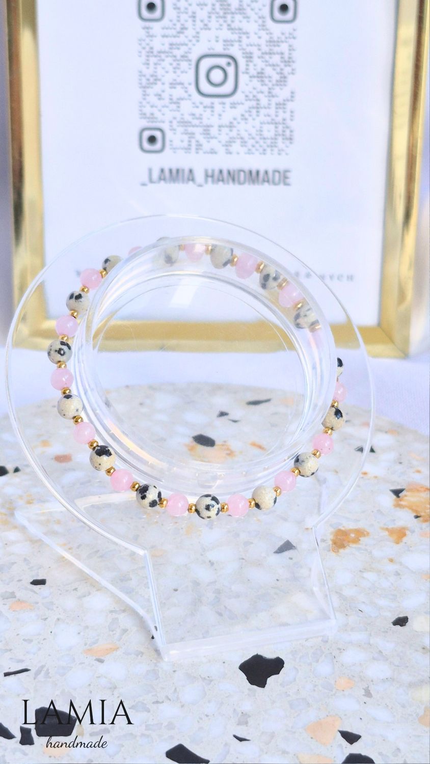 Bransoletka na gumce - Kwarc różowy, jaspis dalmatyński