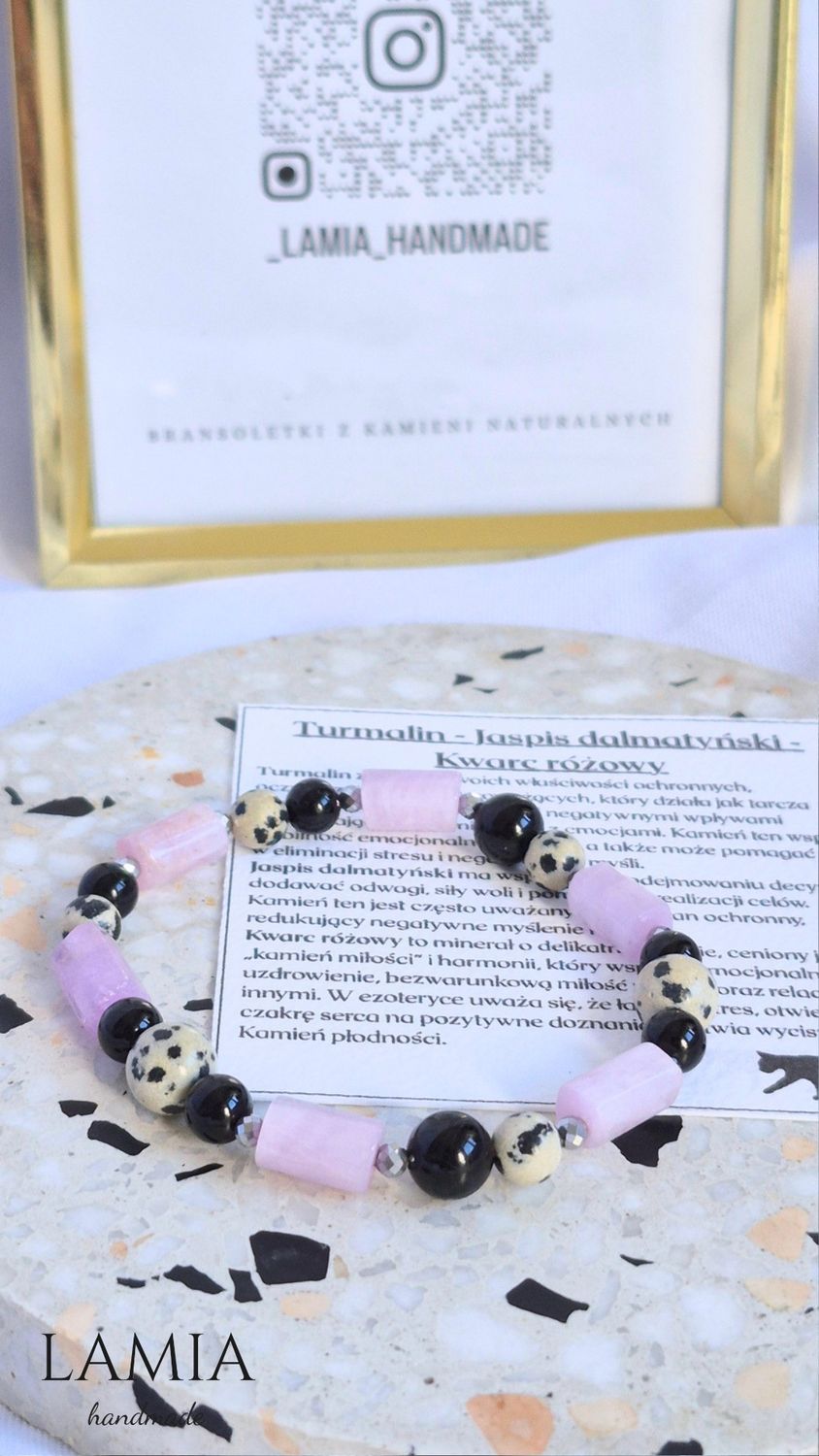 Bransoletka na gumce - Kwarc różowy, jaspis dalmatyński, czarny turmalin