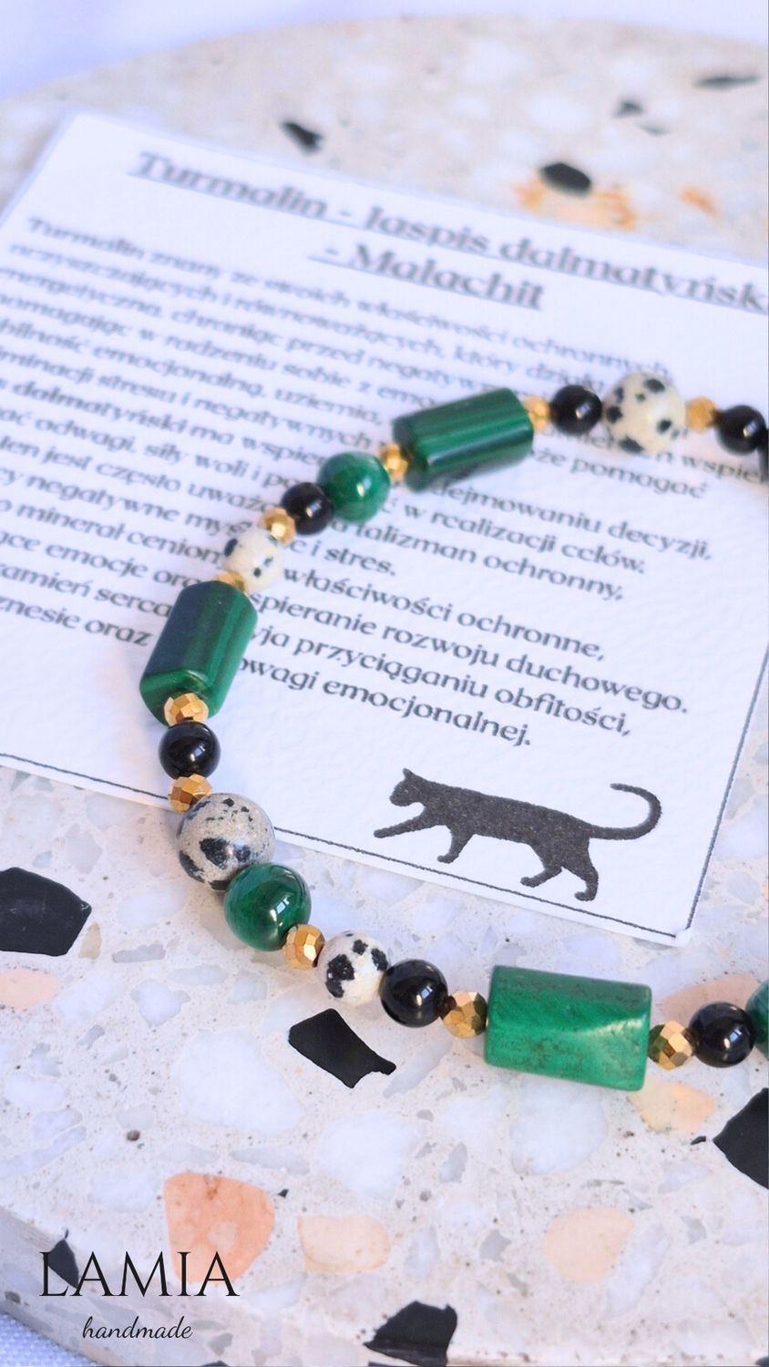 Bransoletka na gumce - malachit, jaspis dalmatyński, czarny turmalin
