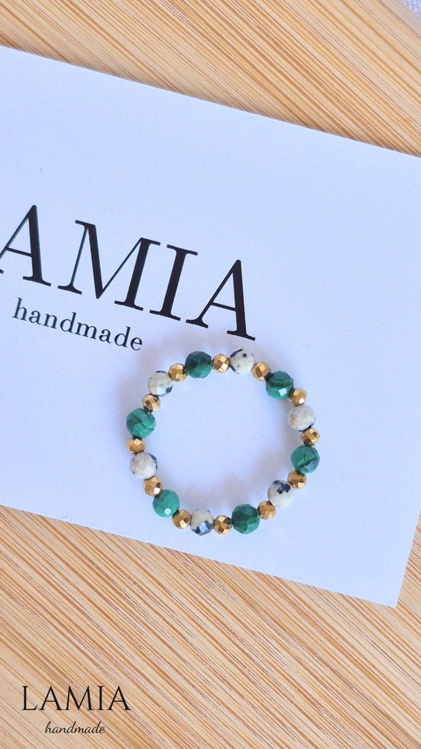 Pierścionek na gumce - malachit, jaspis dalmatyński