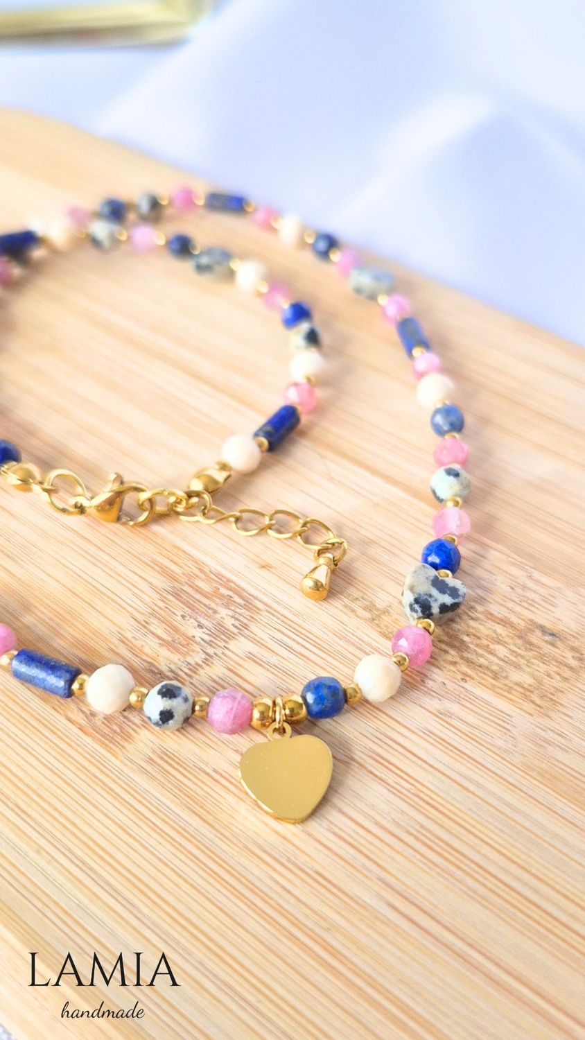 Naszyjnik z kamieni naturalnych - lapis lazuli, różowy turmalin, jaspis dalmatyński, kamień rzeczny