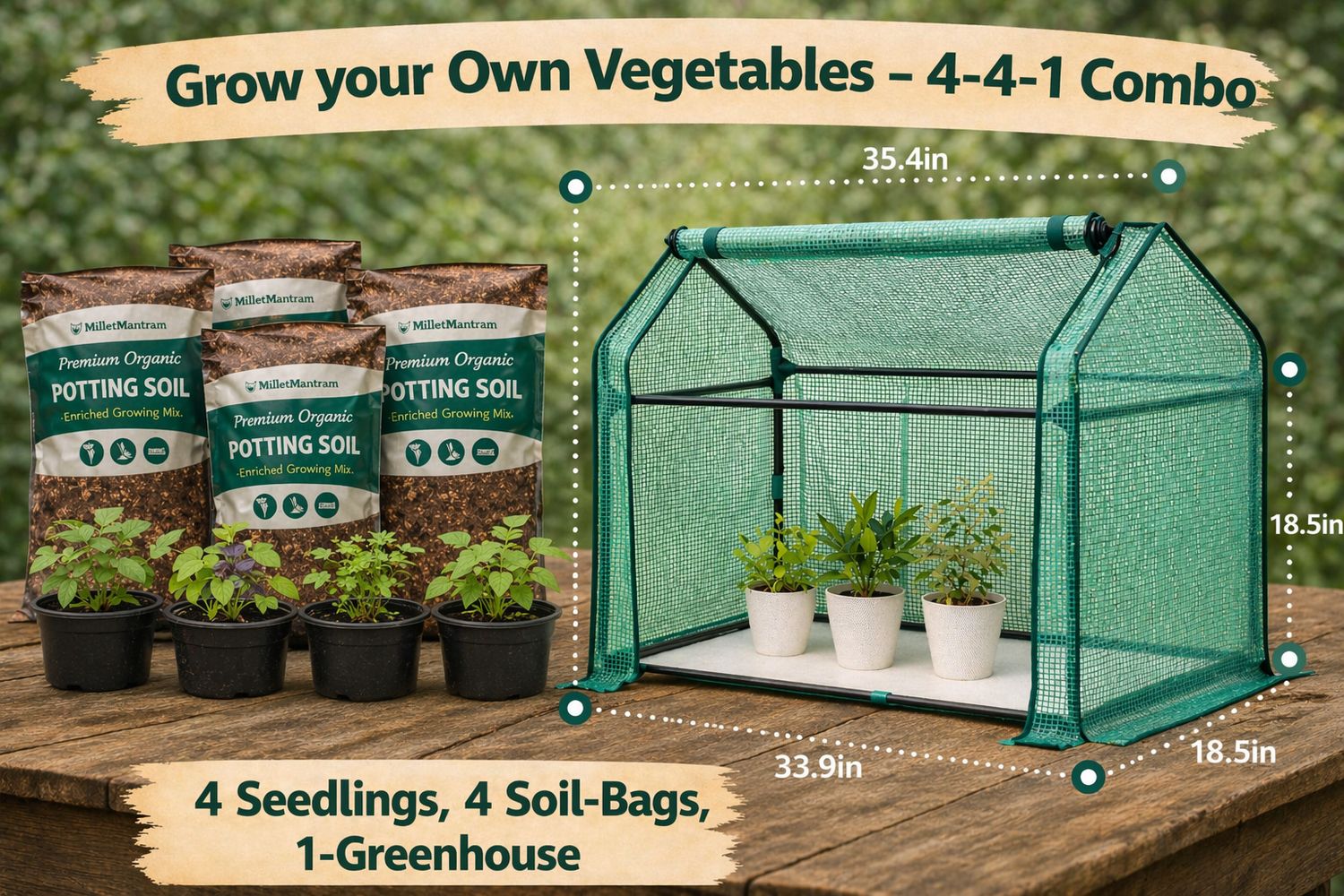 🌾 Mini Farm (Best Value) - Grow your Own Vegetables - 4-4-1 Combo - 4 Seedlings, 4 Soil-Bag, 1-Greenhouse (TAMPA ONLY)