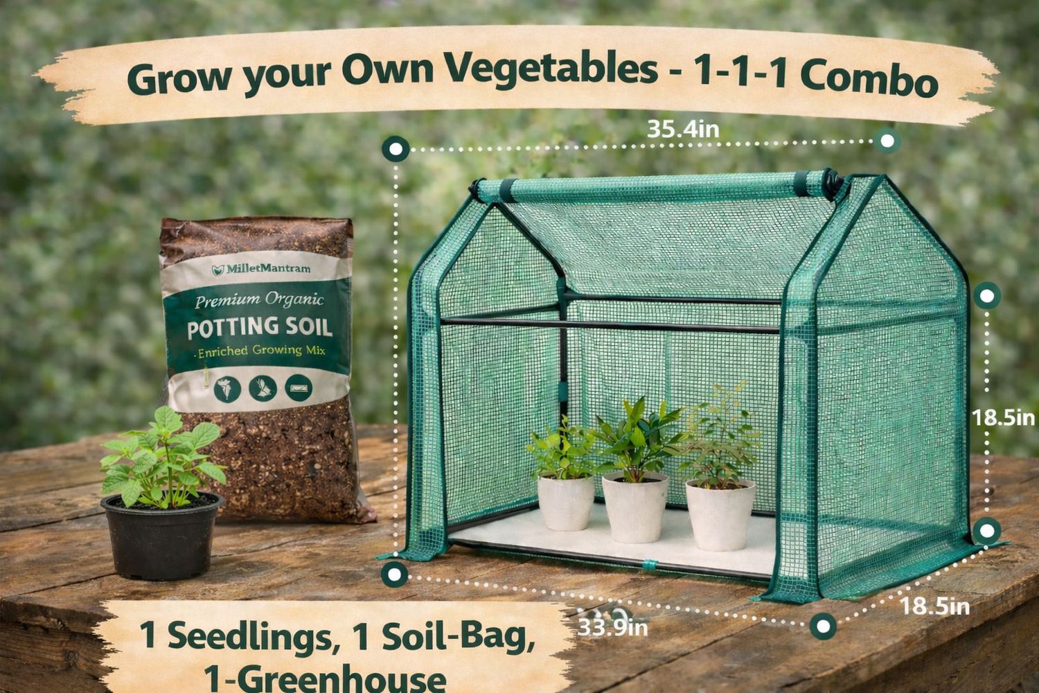 🌱 Starter Garden - Grow your Own Vegetables -  1-1-1 Combo - 1 Seedlings, 1 Soil-Bag, 1-Greenhouse (TAMPA ONLY)