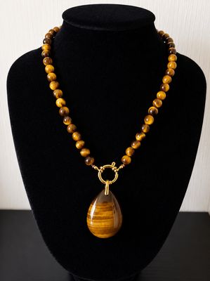 Collier pendentif goutte Œil de Tigre 2 en 1 Collier en Œil de Tigre 43 cm perles naturelles 6 mm avec pendentif en forme de goutte Œil de tigre fermoir bouée doré