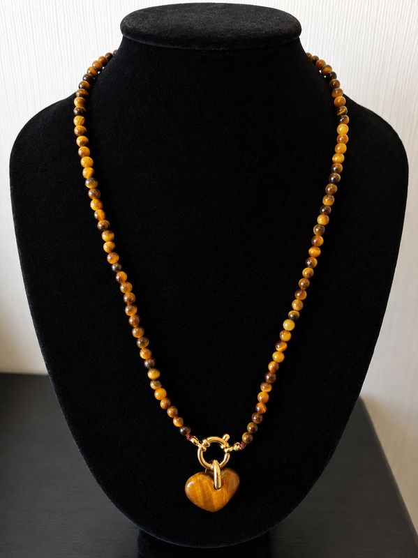 Collier oeil de tigre 43cm pendentif coeur