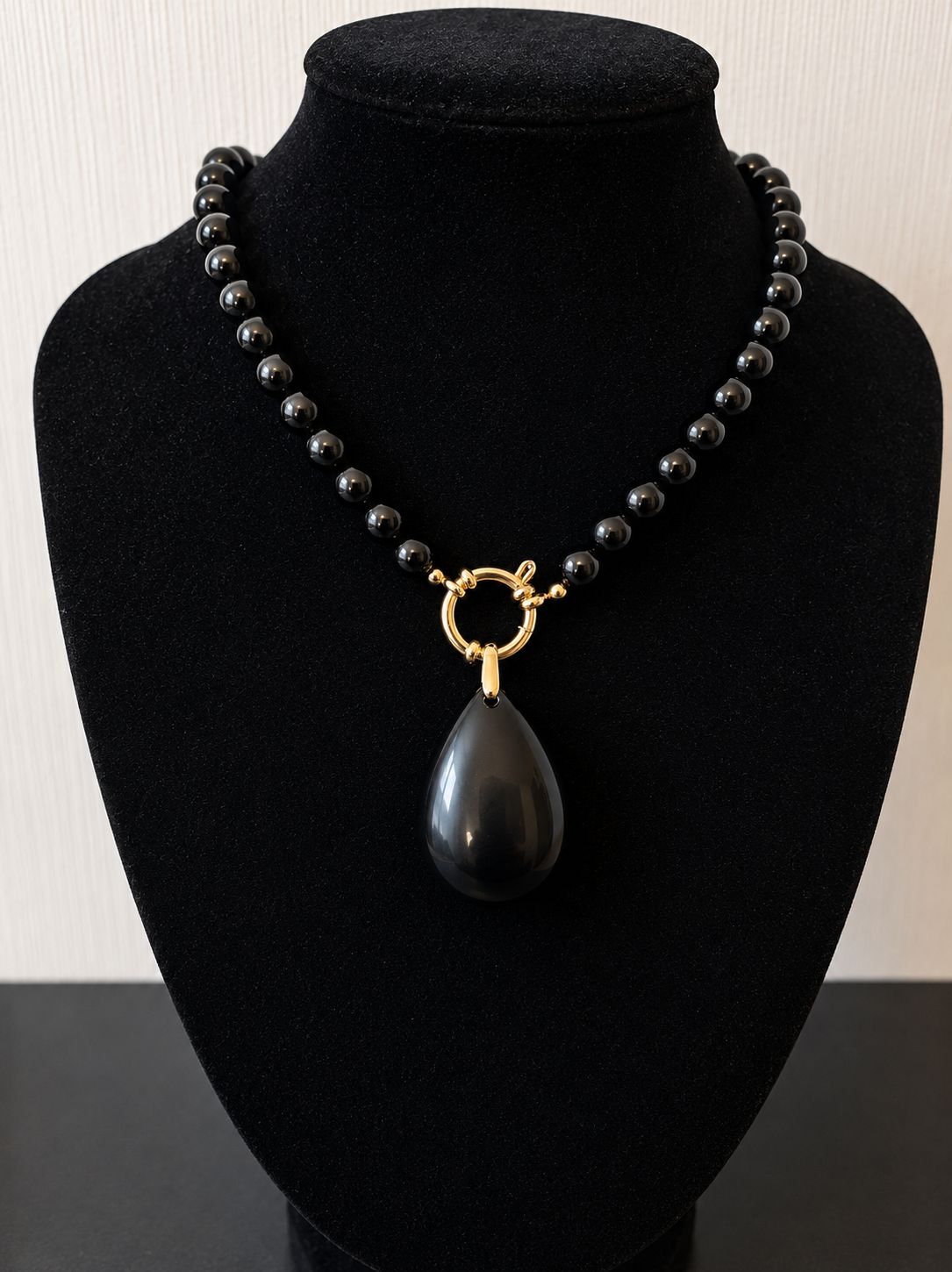 Collier 2 en1 Obsidienne Céleste - Elégance Mystique collier en obsidienne celeste perles de 6 mm avec pendentif goutte obsidienne celeste fermoir acier inoxydable doré bouée