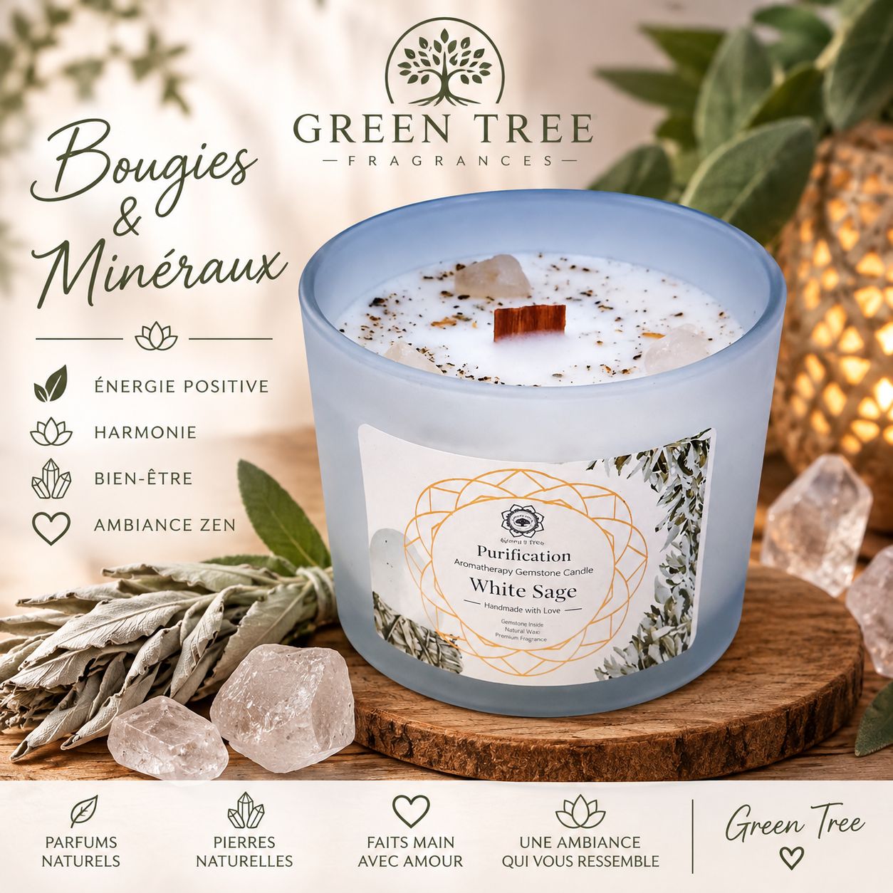 BOUGIE PURIFICATION - SAUGE BLANCHE ET SELENITE BOUGIE PURIFICATION - SAUGE BLANCHE ET SELENITE