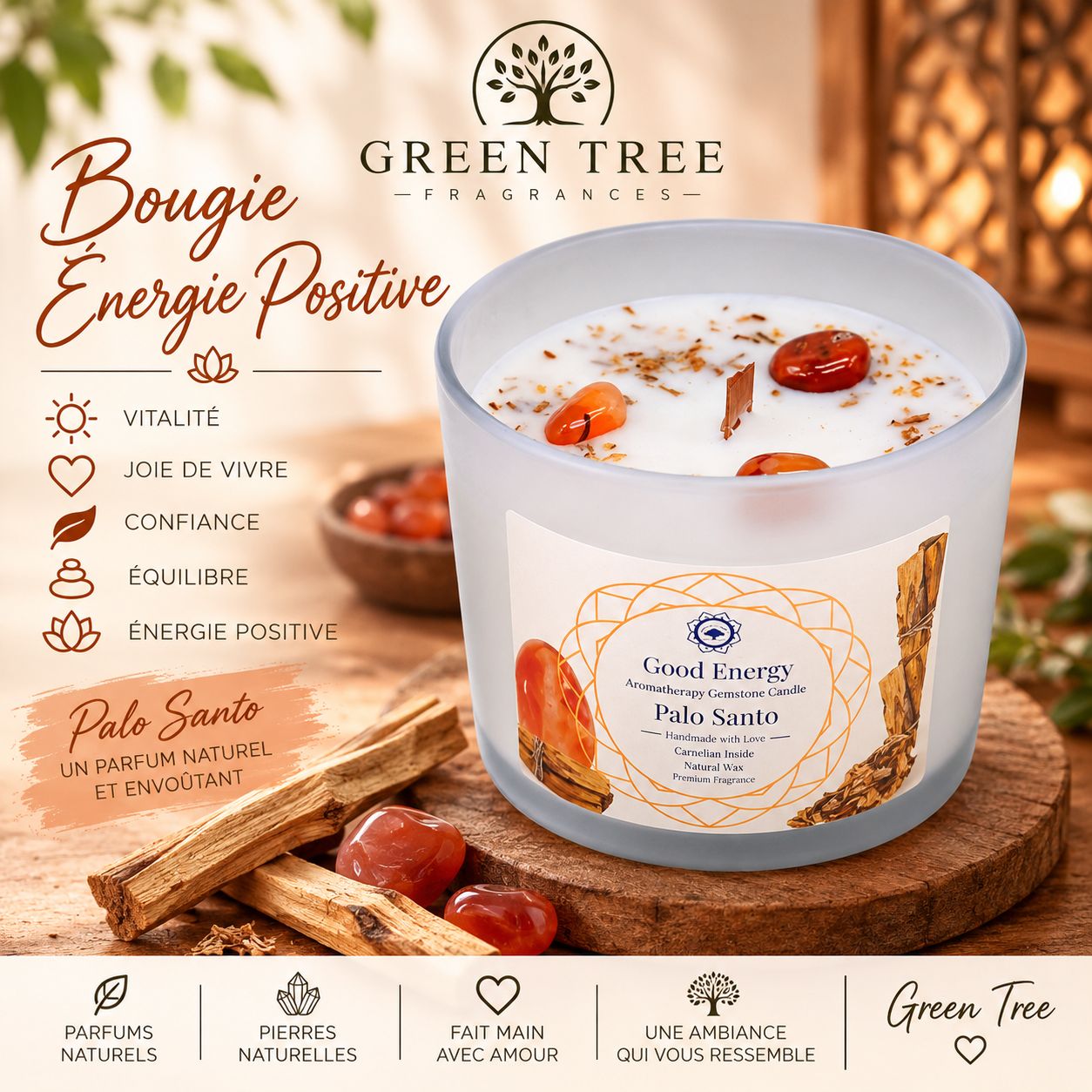 BOUGIE ENERGIE POSITIVE - CORNALINE ET PALO SANTO