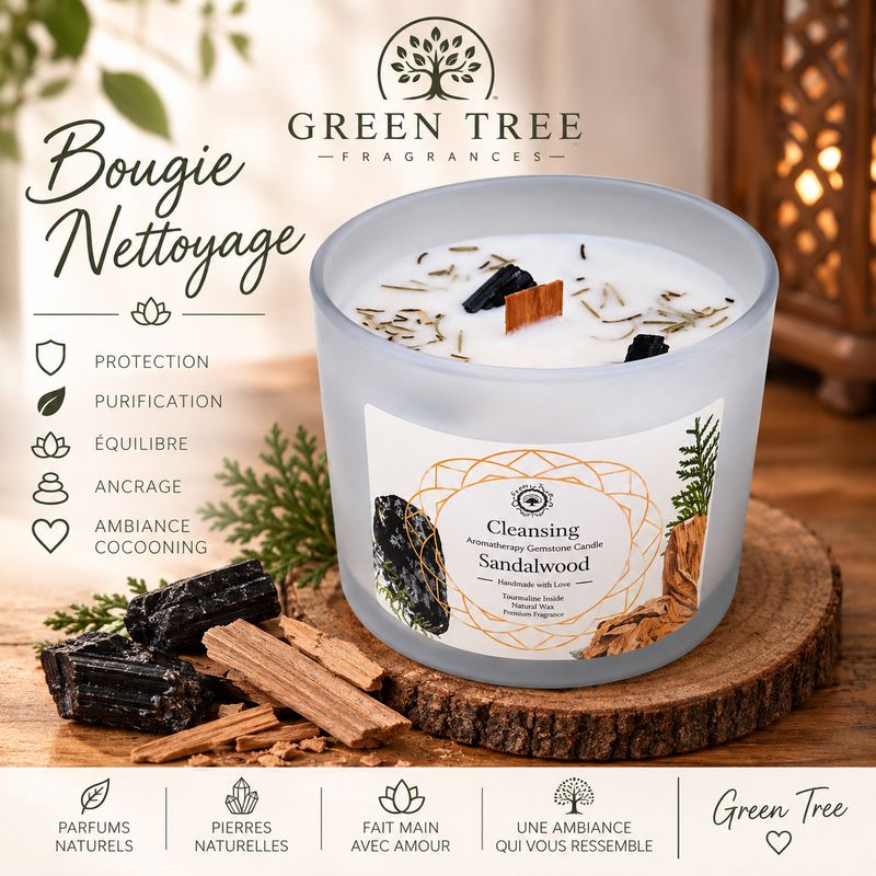 BOUGIE NETTOYAGE - TOURMALINE NOIRE ET SANTAL BOUGIE NETTOYAGE - TOURMALINE NOIRE ET SANTAL