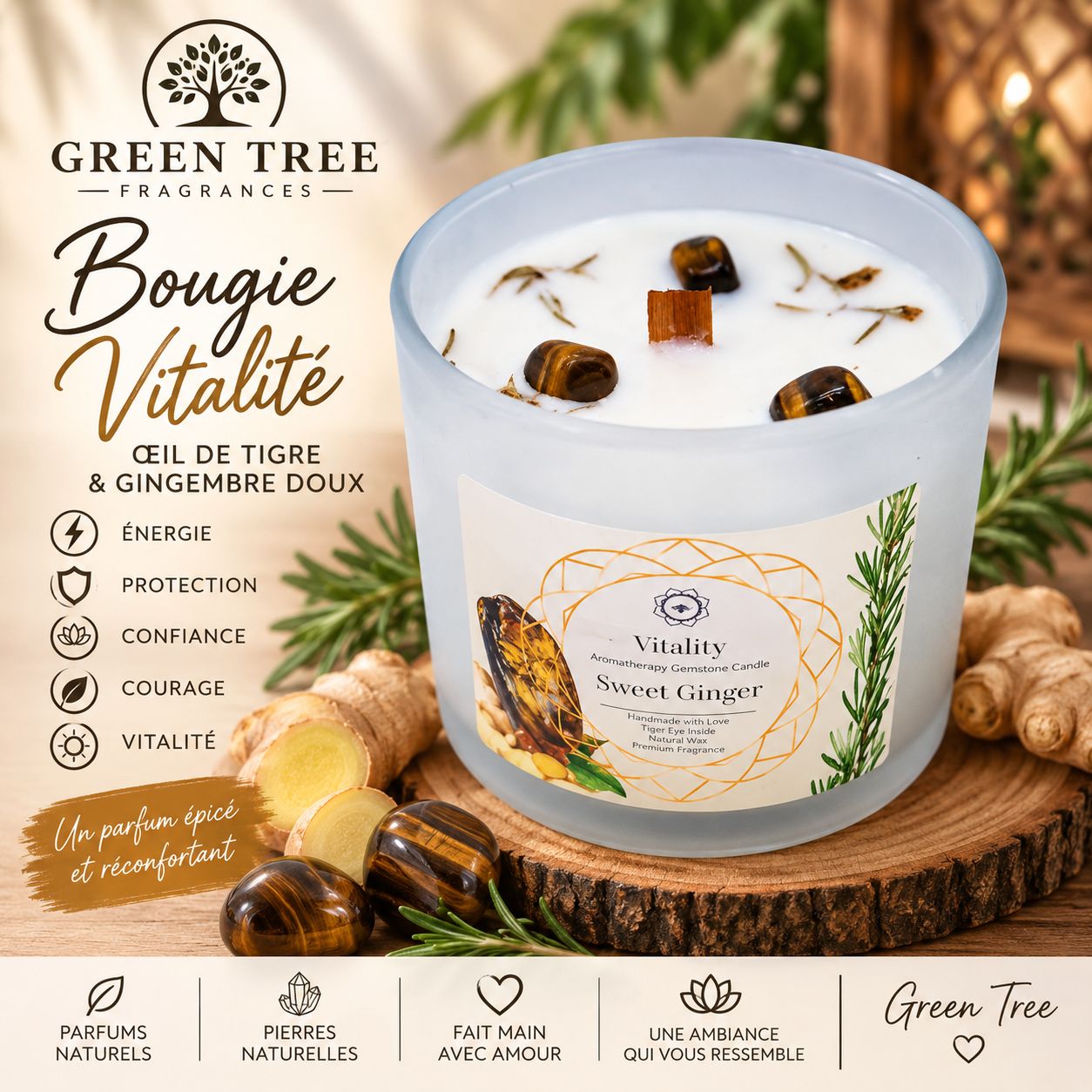 BOUGIE VITALITE - OEIL DE TIGRE ET GINGEMBRE DOUX BOUGIE VITALITE - OEIL DE TIGRE ET GINGEMBRE DOUX