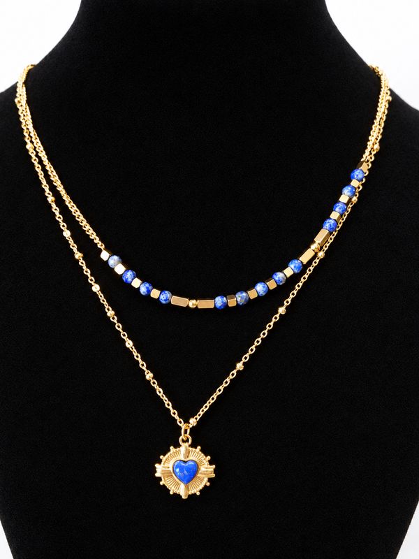 ​COLLIER DOUBLE EN PIERRE NATURELLE – COEUR DORE