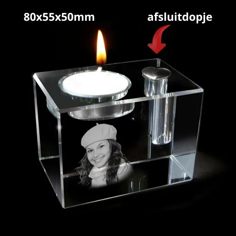 Urn met glasportret 80x55mm + waxine + zilver afsluitdopje