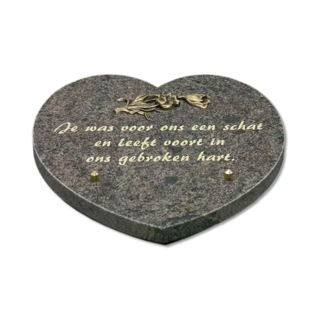 Gedenksteen Hart 25x25cm met Bronzen bloemen