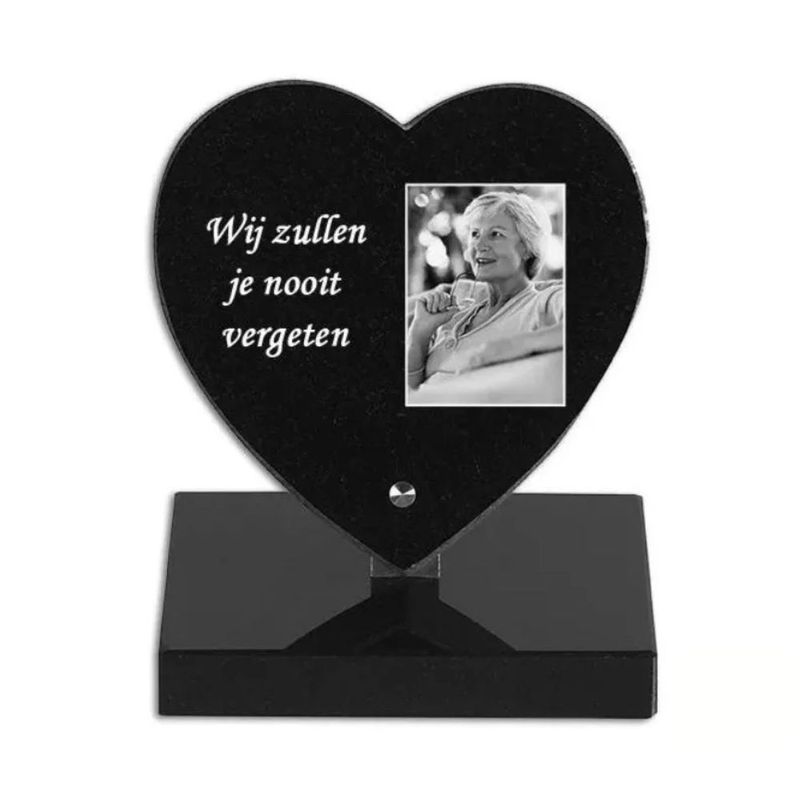 Gedenksteen Hart 15x15cm op sokkel met tekst + laserfoto persoon