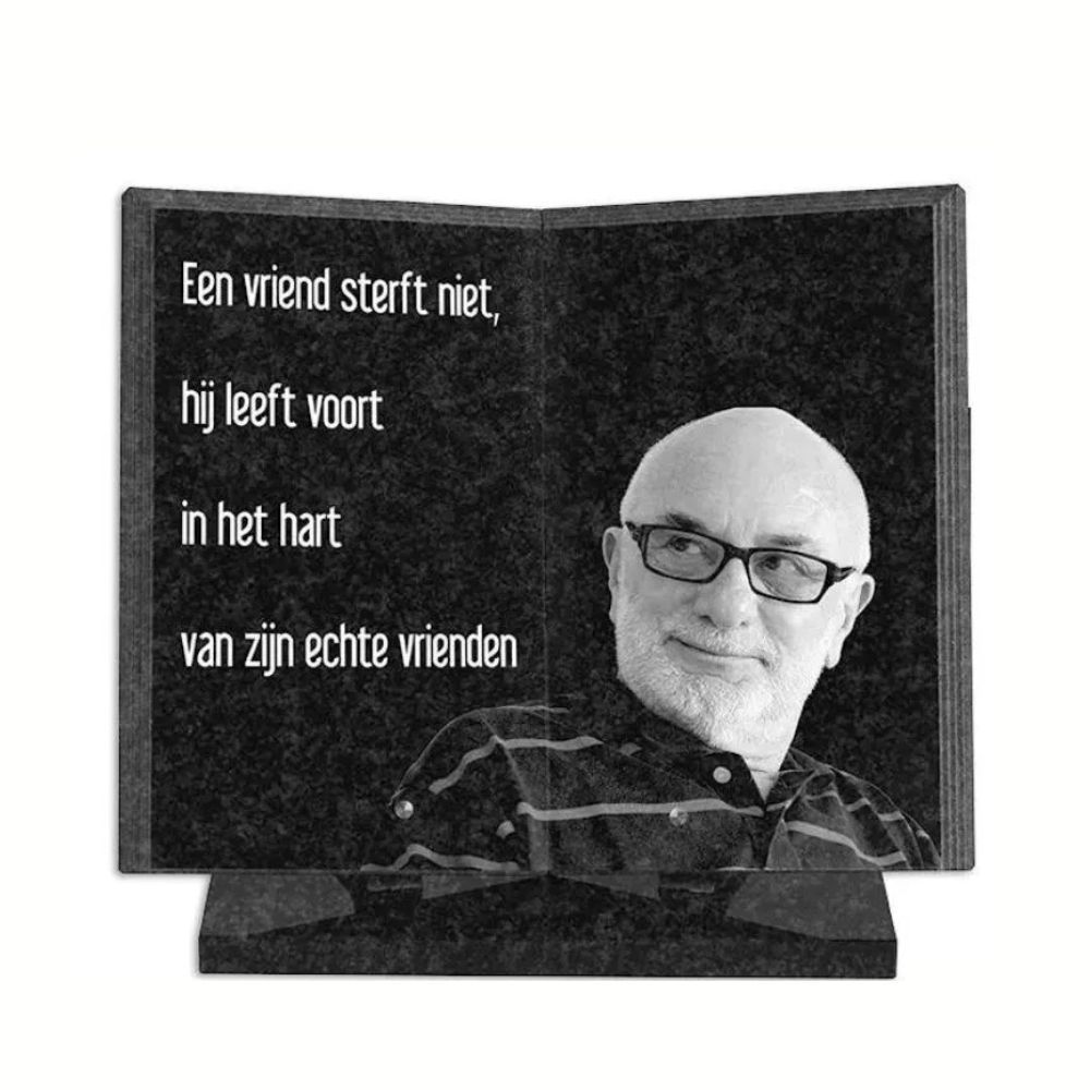 Gedenkmonument Boek 35x35cm: tekst + laserfoto persoon