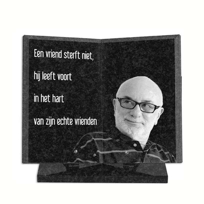 Gedenkmonument Boek 35x35cm: tekst + laserfoto persoon