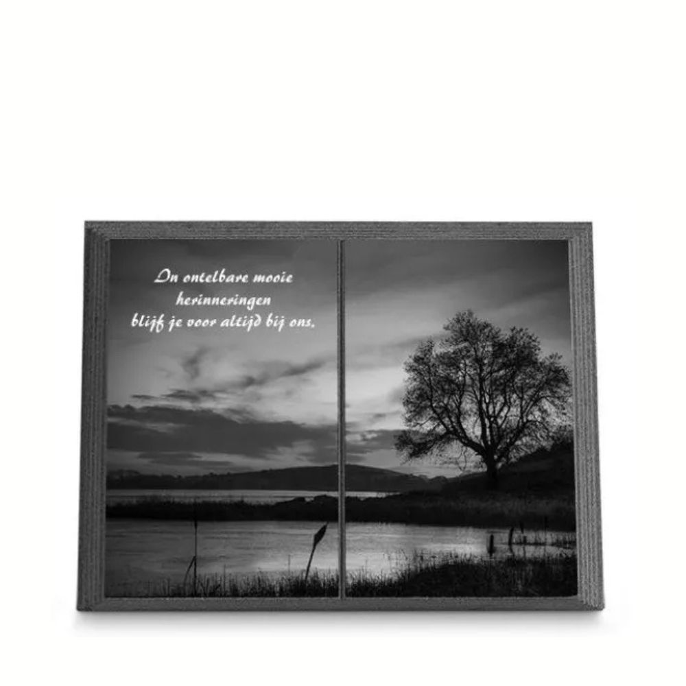 Gedenkplaat Boek 18x25cm: tekst en laserfoto volledig dekkend