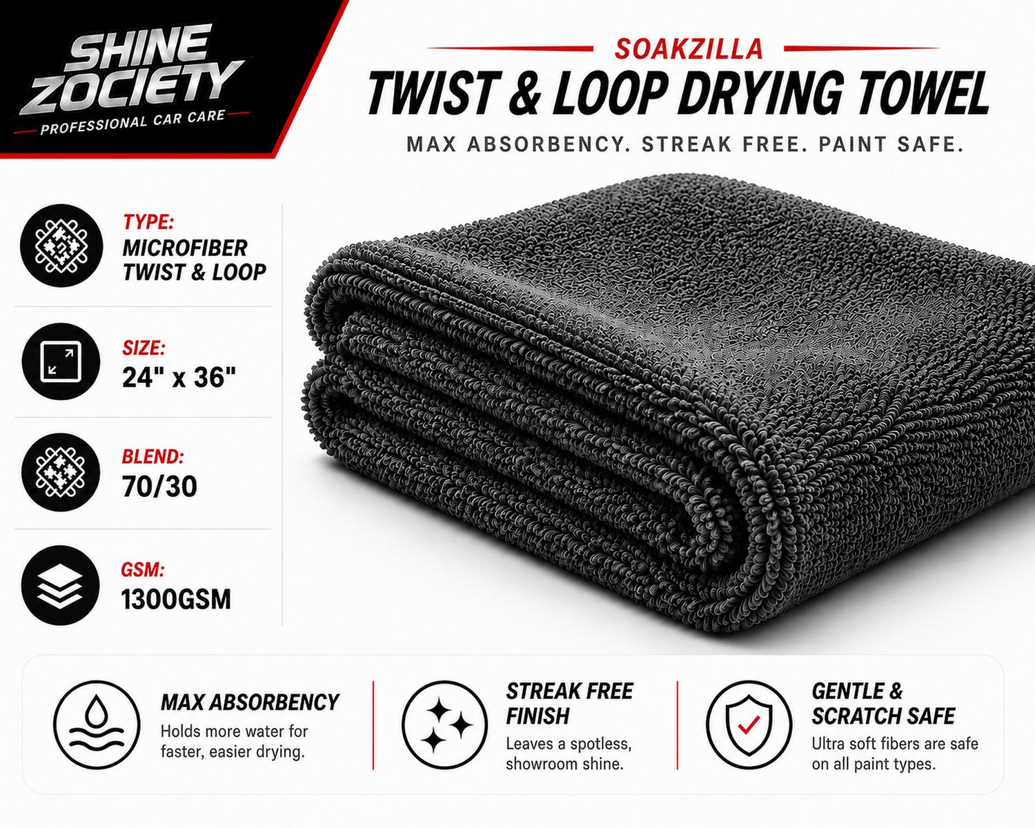 Shine Zociety Soakzilla Twist & Loop Microfiber Drying Towel - 24"x36", 1300 GSM
