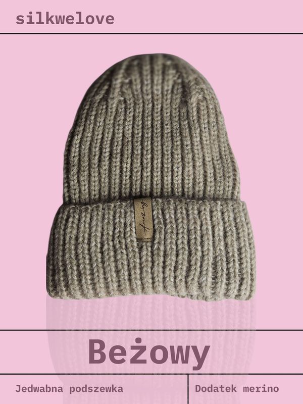 CZAPKA ZIMOWA, beżowa, z wełną merino i jedwabną podszewką