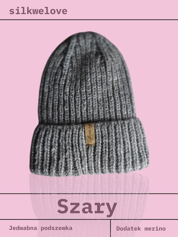 CZAPKA ZIMOWA, szara, z wełną merino i jedwabną podszewką