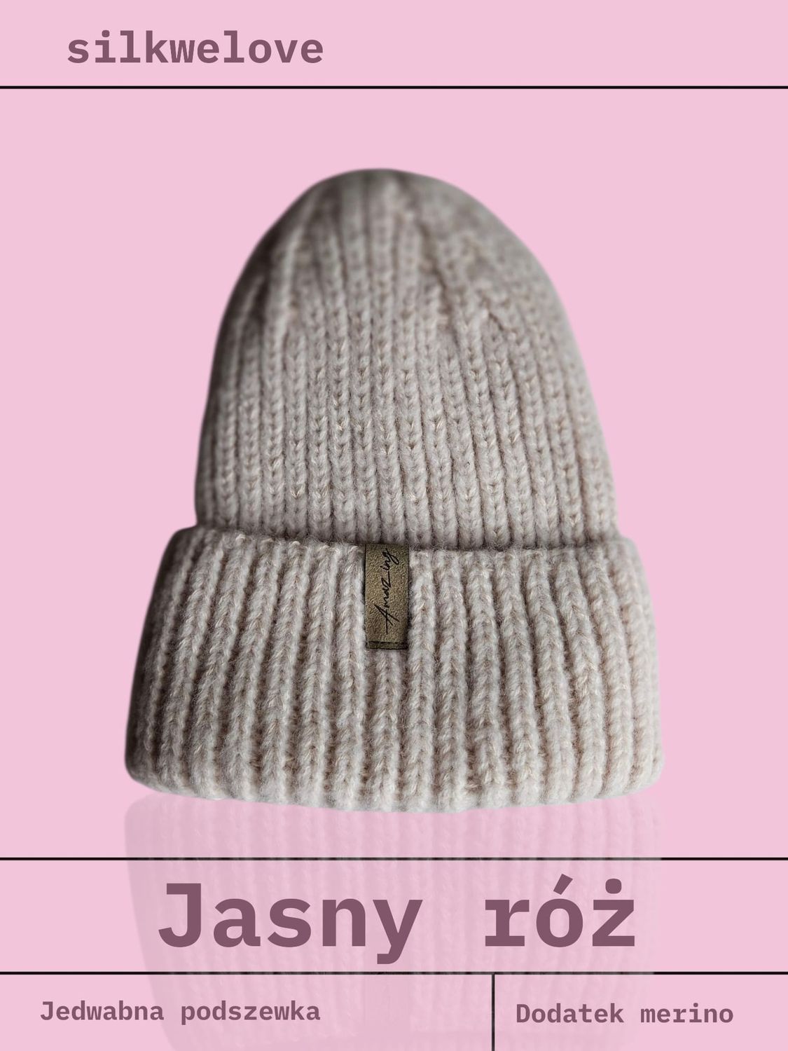 CZAPKA ZIMOWA, jasny róż z beżem, z wełną merino i jedwabną podszewką