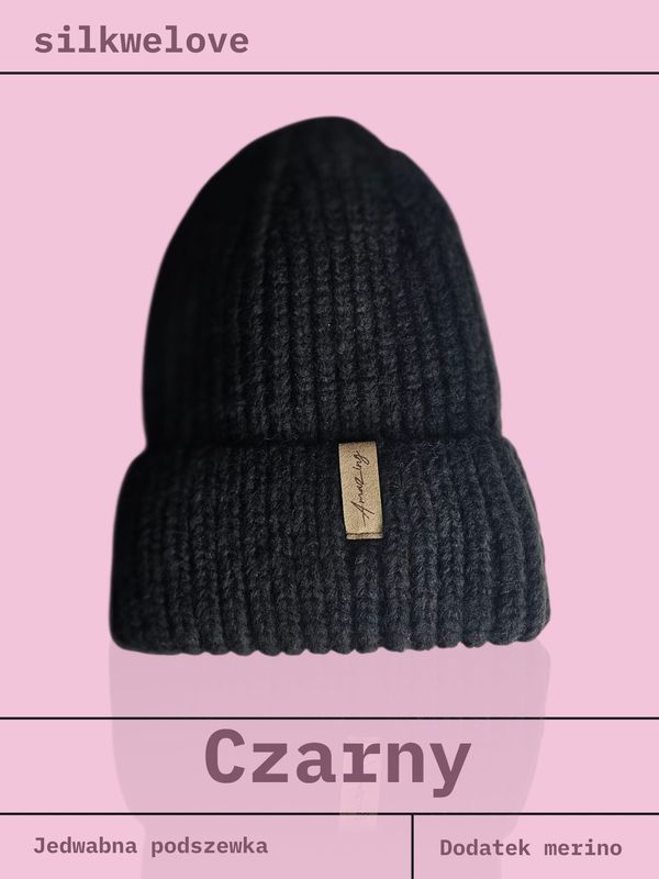CZAPKA ZIMOWA, czarna, z wełną merino i jedwabną podszewką