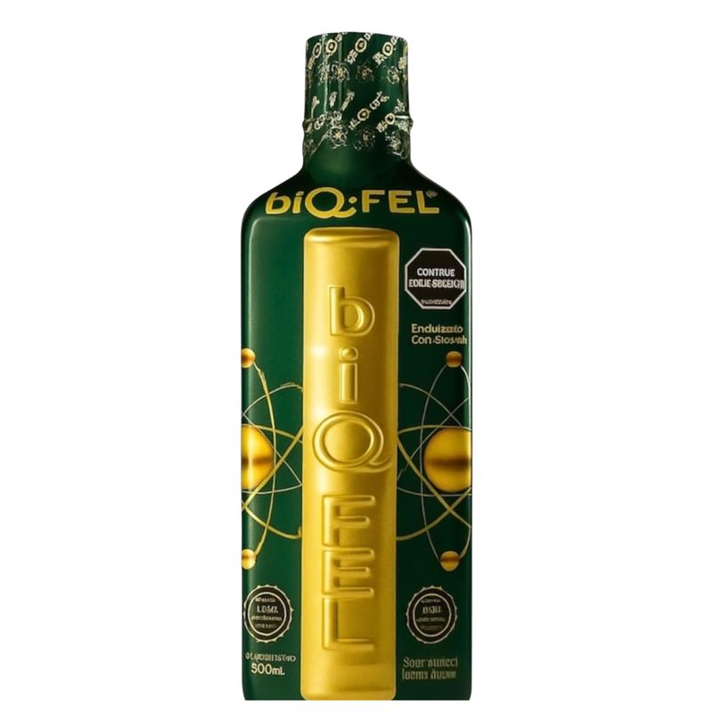 biQ:Fel 500ml bottle, green and gold packaging with 'biQ:Fel' logo, sweetened with Stevia.
