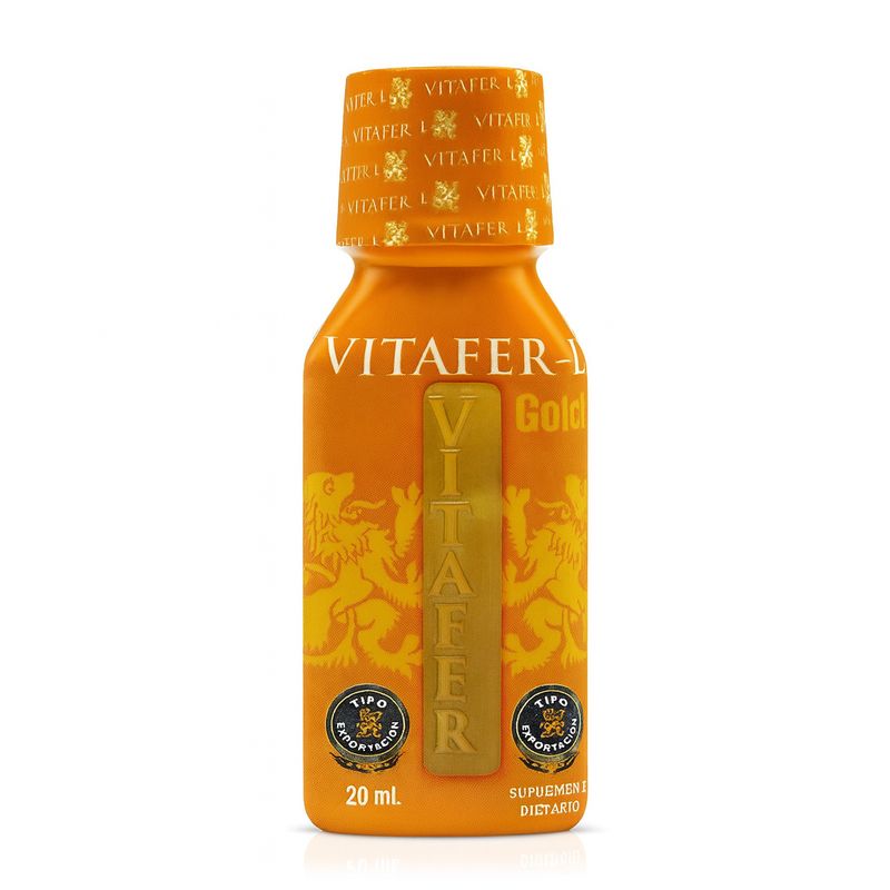 Vitafer-L Gold 20ml bottle, orange packaging with 'Vitafer' logo, dietary supplement with vitamins and minerals.