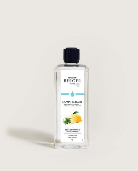 Clear Lampe Berger fragrance refill bottle with lemon and mint illustration.