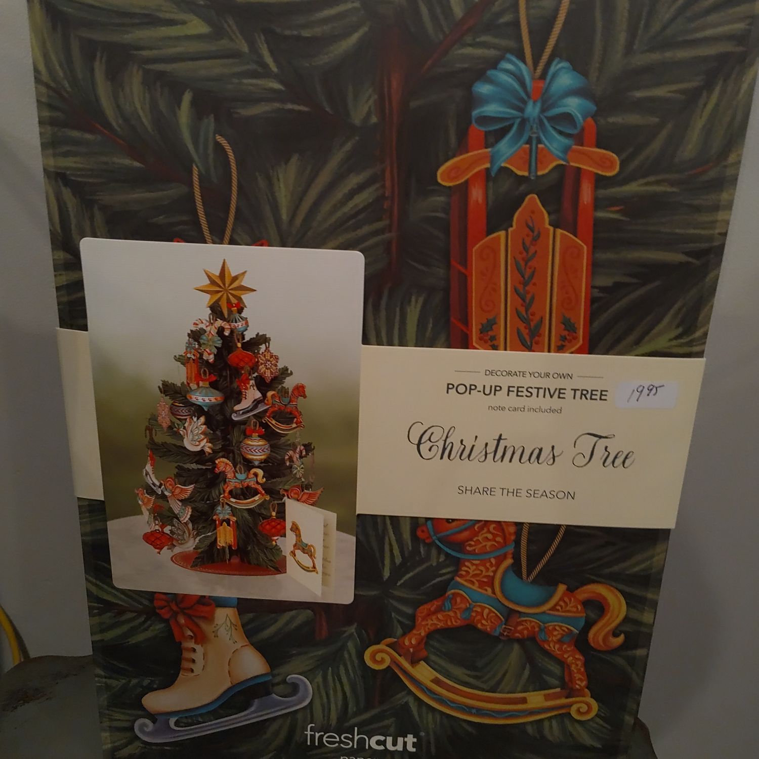 Freshcut Paper Pop Up Christmas Tree, 15 Inch Holiday Tree Decoration & Centerpiece with Rustic Removable Ornaments, 3D Popup Tree with Blank Christmas Card & Envelope for Winter