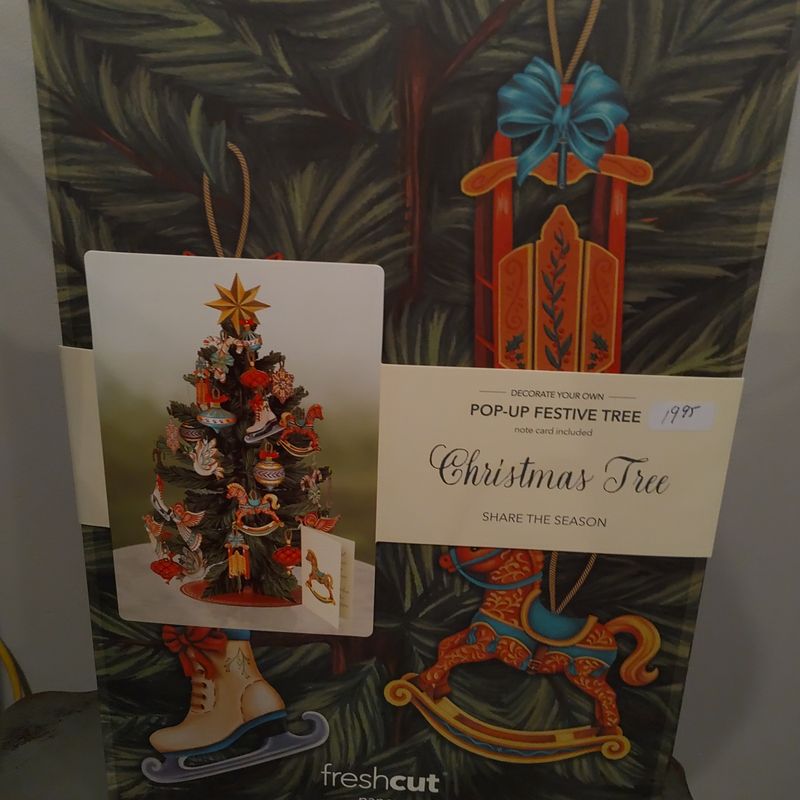 Freshcut Paper Pop Up Christmas Tree, 15 Inch Holiday Tree Decoration & Centerpiece with Rustic Removable Ornaments, 3D Popup Tree with Blank Christmas Card & Envelope for Winter