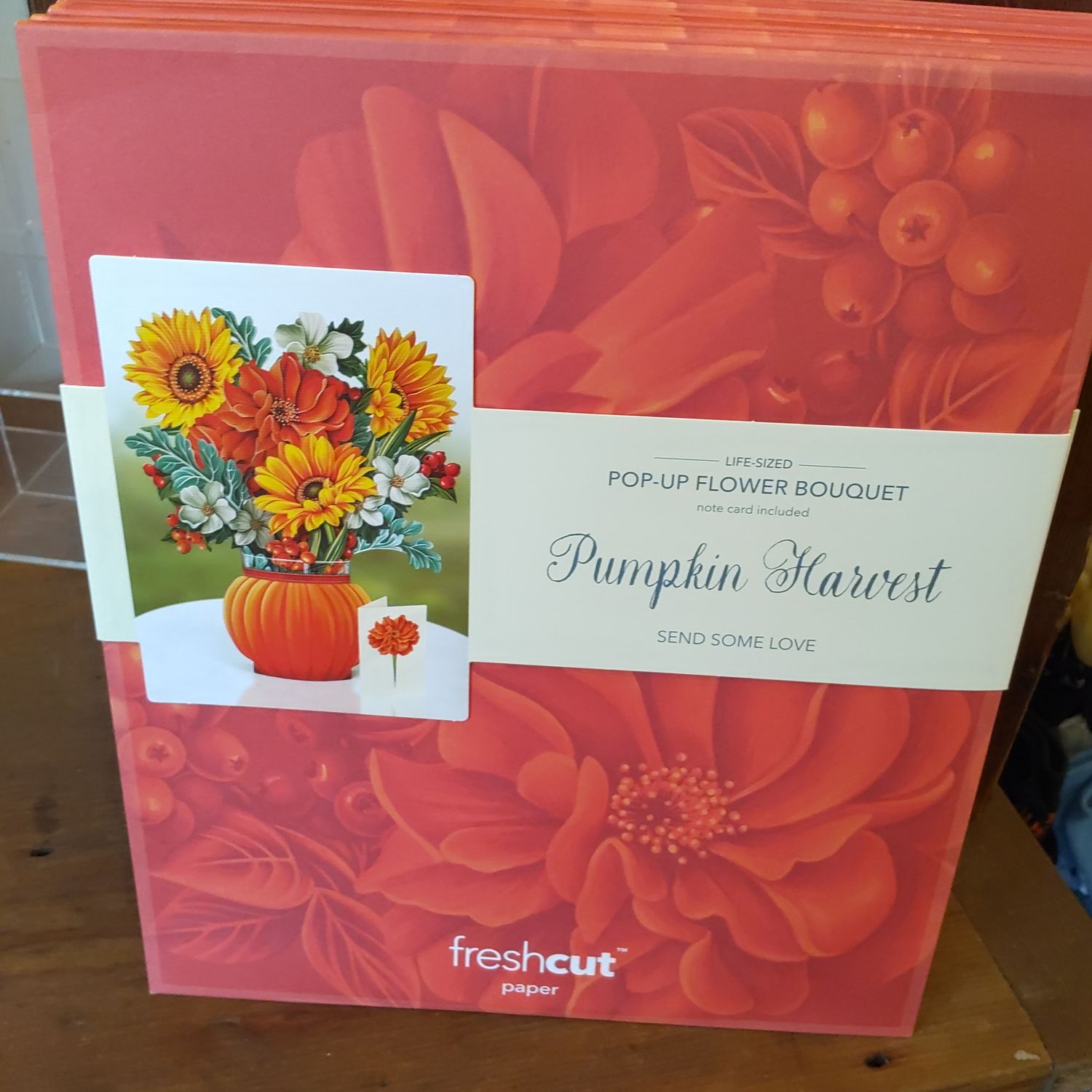Freshcut Paper Pop Up Cards, Pumpkin Harvest, 12 Inch Life Sized Forever Flower Bouquet 3D PopUp Greeting Cards with Note Card and Envelope