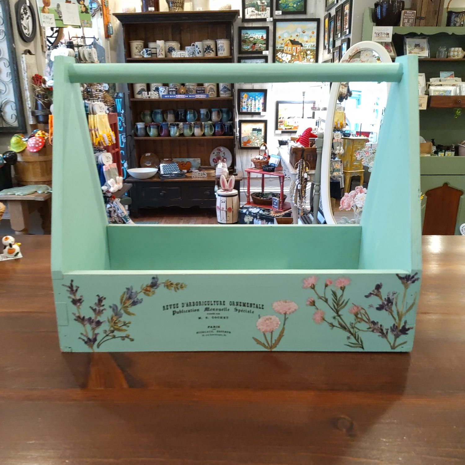 Green Wooden Tool Carrier With Floral Tansfers