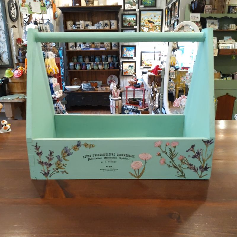 Green Wooden Tool Carrier With Floral Tansfers