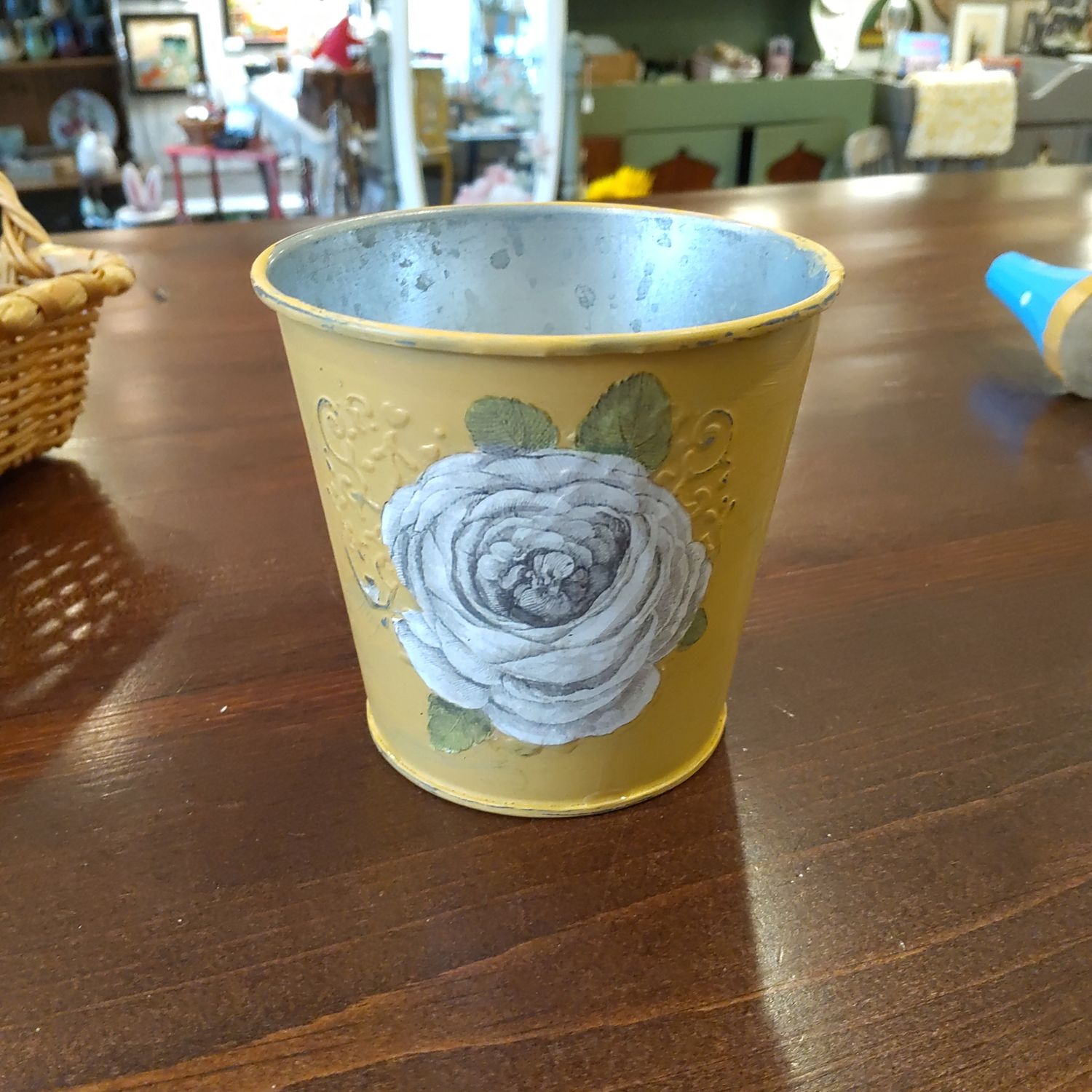 Yellow White Floral Tin Bucket