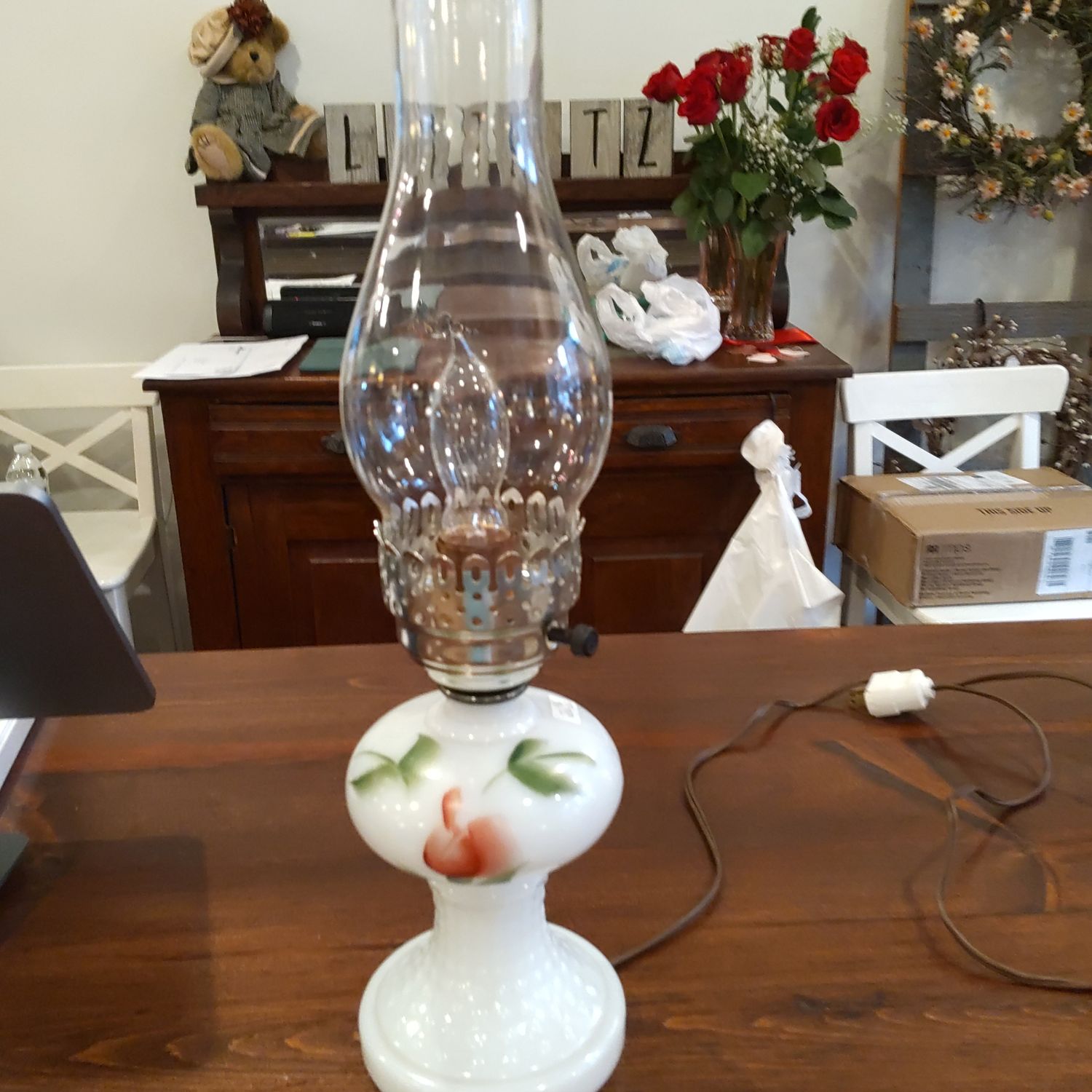 Lamp White and Floral Hurricane -small