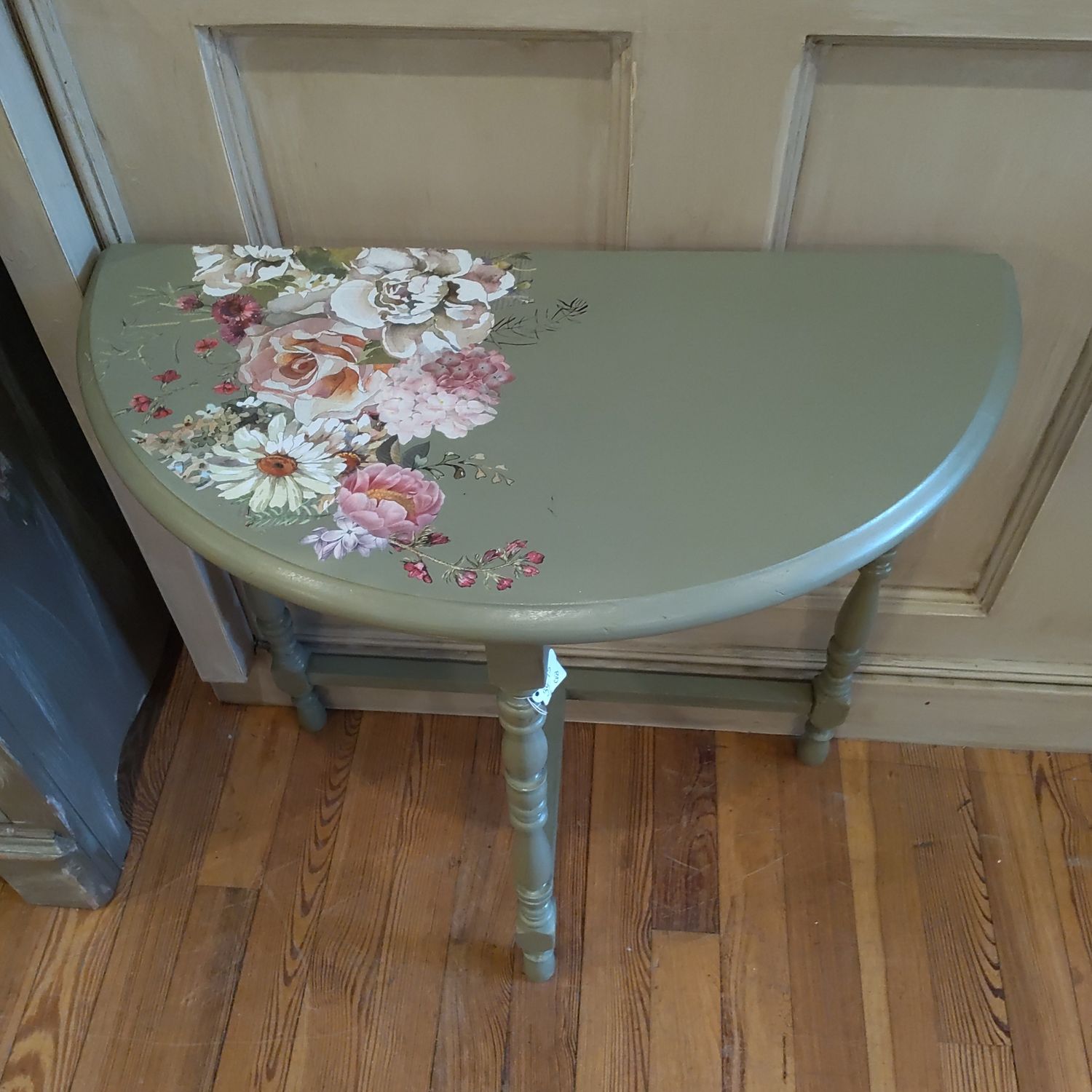 Green Painted End Table With Floral Transfers