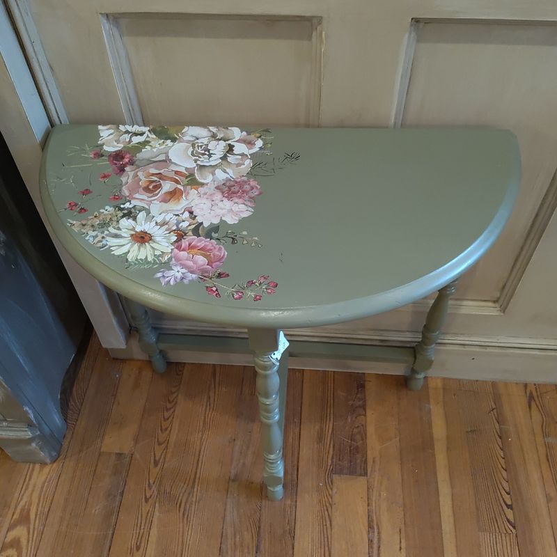 Green Painted End Table With Floral Transfers