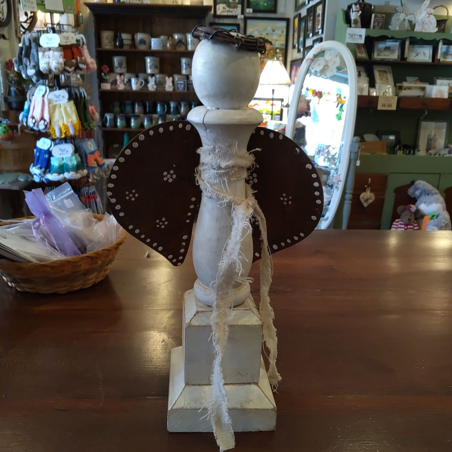 Small White Wooden Angel With Tin Wings