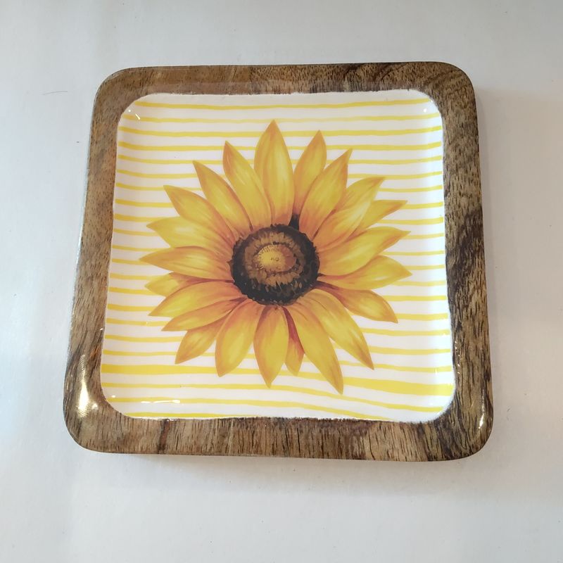 Square Wood Sunflower Plate