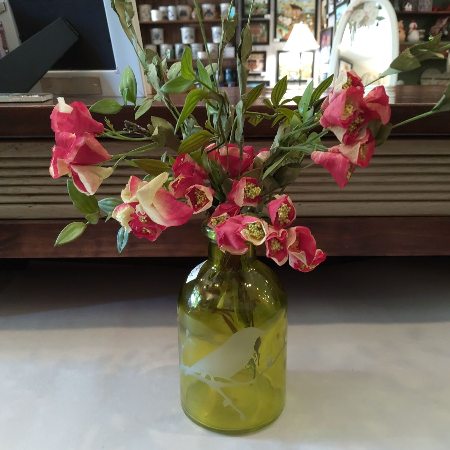 Yellow Vase With Birds & Red Flowers